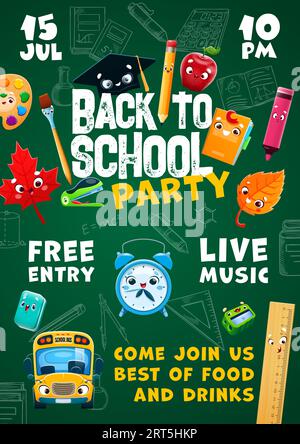 Back to School Kids Party Flyer, Cartoon Schulpapierfiguren auf Tafelhintergrund. Vektor-Poster, lustiger Bus, Bleistift, Buch, Stift, apple- und Graduiertenkarten Stock Vektor