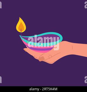 Diwali Diya Lampe. Weibliche Hand hält brennende Kerze. Indisches Festival der Lichter Ikone. Buntes deepavali-Zeichen auf violettem Hintergrund. Vektor Stock Vektor