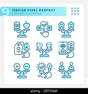 Paket mit Symbolen für pixelgenaue blaue Vergleiche Stock Vektor