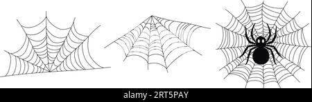 Spider im Netz. Set mit verschiedenen Spinnennetzdesigns. Abstrakte Textur von Insektenfallen. Halloween-Designelement. Isolierte Grafikvorlage. Vektorsatz. Stock Vektor