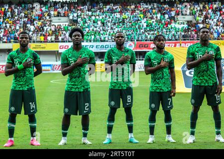 UYO, NIGERIA – 10. SEPTEMBER: Kelechi Iheanacho, Ola Aina Frank Onyeka, Ademola Lukmon und Taiwo Awoniyi aus Nigeria während des Afrikanischen Pokals 2023 Stockfoto