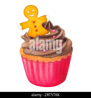 Vanille-Cupcake mit Lebkuchenmann und Schokoladencreme. Muffin in einem roten Paket. Aquarell-Illustration auf weißem Hintergrund. Von Hand gezeichnet. Für Post Stockfoto