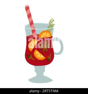Glühwein mit Orangenscheibe, Zimtstab, Nelke, Anis. Vektor-Flachdarstellung isoliert auf weiß. Würziges heißes Winterweihnachtsgetränk. Traditionell Stock Vektor