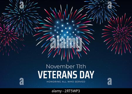 Veteranen Tag 11. november, Vorlage amerikanisches Feuerwerk blauer Himmel Hintergrund. Feuerwerk US-Flagge. November Happy Veterans Day, USA National Holiday Stock Vektor