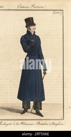 Französischer Gentleman mit Oberhut, polnischer Reitermantel mit Frosch, Hose im englischen Stil, mit einem Stock. Redingote a la Polonnaise, Pantalon a l'Anglaise. Handkolorierter Kupferstich von Pierre-Charles Baquoy nach einer Modeplatte von Louis Marie Lante aus Pierre de la Mesangeres Journal des Dames et des Modes, Zeitschrift für Frauen und Mode, Paris, 1818. Stockfoto