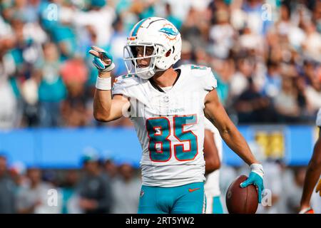 Los Angeles, Usa. September 2023. Der Miami Dolphins Wide Receiver River Cracraft (85) reagiert auf einen Fang gegen die Los Angeles Chargers während eines NFL-Fußballspiels. Miami Dolphins 36:34 Los Angeles Chargers Credit: SOPA Images Limited/Alamy Live News Stockfoto