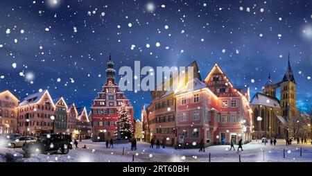 Panorama, Schneefall in der Nacht, Esslingen am Neckar, Baden-Württemberg, Deutschland Stockfoto