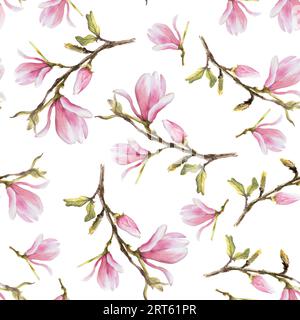 Nahtloses Muster in Magnolia-Pink. Aquarell Hand gezeichnete Illustration isoliert auf weißem Hintergrund. Wiederkehrendes Design mit Blumenmuster für deinen Druck Stockfoto