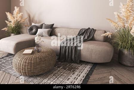 Boho beige Wohnzimmer mit trockener Palmenpflanze und Korbtisch mit Blick auf den Hintergrund. Helle, moderne japanische Naturräume. 3D-Rendering. Hochwertige 3D Stockfoto