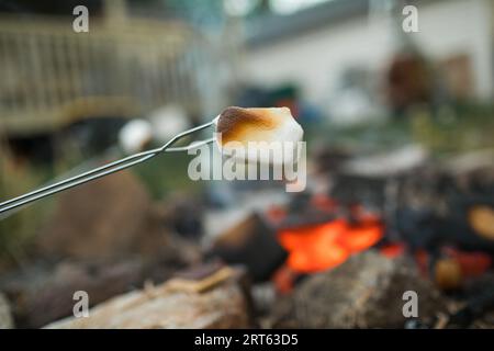 Goldener Marshmallow am Spieß, Lagerfeuer dahinter Stockfoto