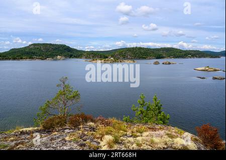 Blick von der Buholmen-Insel über das Meer und die Skirennen nach Gumoy im Kragero-Archipel, Telemark Norwegen. Stockfoto