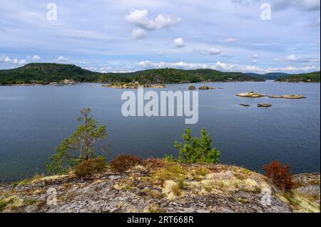 Blick von der Buholmen-Insel über das Meer und die Skerries zu den Gumoy- und Fluer-Inseln im Kragero-Archipel, Telemark Norwegen. Stockfoto