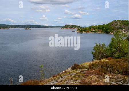 Blick von Buholmen Island über Aroyfjord und Skirennen. Aroy mit gelbem Sommerhaus rechts im Kragero-Archipel, Telemark Norwegen. Stockfoto