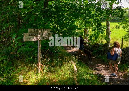 Zwei Frauen mittleren Alters und ein Hund gehen an einem hölzernen Wegweiser vorbei auf einem Wanderweg durch die üppige, grüne Umgebung auf der Insel Jomfruland, Telemark, Norwegen. Stockfoto