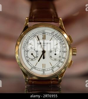 Bonhams, Knightsbridge, London, Großbritannien. September 2023. Höhepunkte des Verkaufs von Uhren und Armbanduhren am 13. September 2023. Bild: Patek Philippe. Am 12. September 2012 kaufte eine manuelle 18K-Gold-Windchronographenarmbanduhr, geschätzt £ 20.000 - 30.000. Quelle: Malcolm Park/Alamy Live News Stockfoto