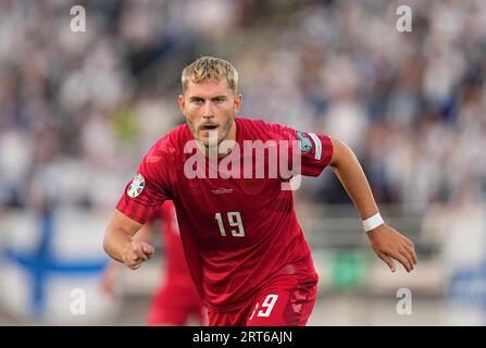 10. September 2023: Jonas Wind (Dänemark) schaut bei einem Qualifikationsspiel der Gruppe H zur EURO 2024, Finnland gegen Dänemark, im Olympiastadion Helsinki, Finnland, an. Kim Price/CSM (Bild: © Kim Price/Cal Sport Media) Stockfoto