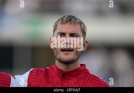 10. September 2023: Jonas Wind (Dänemark) schaut bei einem Qualifikationsspiel der Gruppe H zur EURO 2024, Finnland gegen Dänemark, im Olympiastadion Helsinki, Finnland, an. Kim Price/CSM Stockfoto