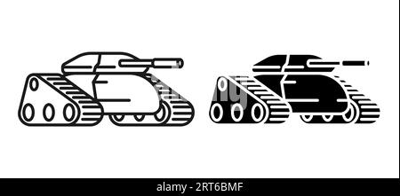 Lineares Symbol, Kampfpanzer mit Tarnfarben und langem Lauf zum Abfeuern von Geschossen auf den Feind. Schwere Artilleriegeräte. Schlichtes Schwarz Stock Vektor