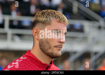 10. September 2023: Jonas Wind (Dänemark) schaut bei einem Qualifikationsspiel der Gruppe H zur EURO 2024, Finnland gegen Dänemark, im Olympiastadion Helsinki, Finnland, an. Kim Price/CSM Stockfoto