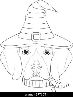 Halloween-Grußkarte zum Ausmalen. Beagle-Hund als Hexe gekleidet mit schwarzem und grünem Hut und Schal Stock Vektor