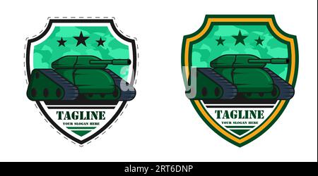 Emblem eines Panzeroffiziersoldaten. Kampfpanzer mit grüner Färbung und langem Lauf vor dem Hintergrund eines schildförmigen Chevrons. Carto Stock Vektor