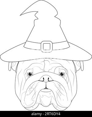 Halloween-Grußkarte zum Ausmalen. Englischer Bulldoggen-Hund, gekleidet als Hexe mit schwarzem Hut Stock Vektor