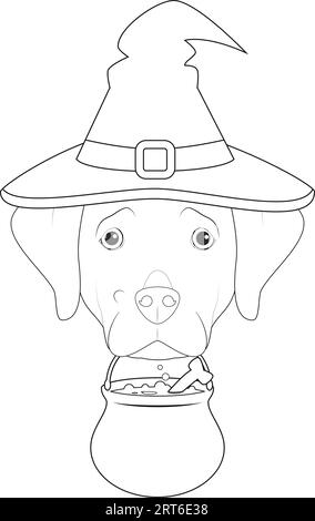 Halloween-Grußkarte zum Ausmalen. Labrador Retriever Hund gekleidet als Hexe mit lila Hut und einem Kessel im Mund Stock Vektor