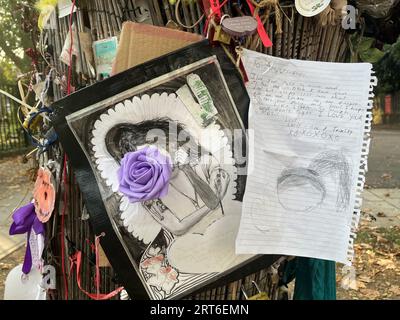 London, Großbritannien. September 2023. Als Erinnerung an Amy Winehouse haben die Menschen im Camden Square Park einen Baum gebaut – mit Blumen und Geschenken erinnern sie sich an den Musiker, der im Alter von 27 Jahren starb. 14.09.2023 wurde Amy Winehouse 40 Jahre alt. (An dpa-Korr 'hartnäckig anders - Amy Winehouse wäre 40 geworden') Kredit: Julia Kilian/dpa/Alamy Live News Stockfoto