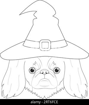 Halloween-Grußkarte zum Ausmalen. Pekingeser Hund gekleidet als Hexe mit schwarzem Hut Stock Vektor
