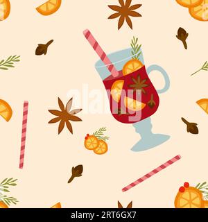 Nahtloses Vektormuster mit Glühwein in flachem Design. Orangenscheiben, Anis, Zimt, Nelke, Stroh isoliert. Herbst- und Winterferien Heißgetränk. Stock Vektor