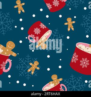 Nahtloses Vektormuster mit heißem Kakao in flachem Design. Kekse, Becher, Schneeflocken und Marshmallow. Winterferien Heißschokoladengetränk. Weihnachtsstimmung Stock Vektor