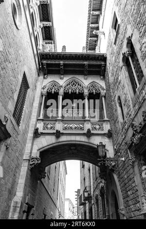 Das gotische Viertel von Barcelona, El Pont del Bisbe, wurde 1929 für die Internationale Ausstellung von Barcelona in Katalonien, Spanien, erbaut. Stockfoto