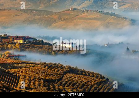Luftaufnahme des Morgennebels über den Hügeln mit herbstlichen Weinbergen im Piemont, Italien. Stockfoto
