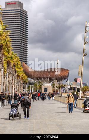 Barcelona, Spanien - 13. FEBRUAR 2022: Die riesige Goldfischskulptur El Peix von Frank Gehry befindet sich im Olypmic Port von Barcelona, Katalonien, Spanien. Stockfoto