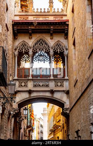 Barcelona, Spanien - 10. Februar 2022: Das gotische Viertel von Barcelona, El Pont del Bisbe, wurde für die internationale Ausstellung von Barcelona 1929, Katalonien, S, gebaut Stockfoto