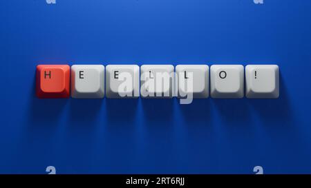 Word Hello mit schwarzen Buchstaben der Computertastatur, Kopierraum für Textnachricht. 3D-Rendering auf blauem Hintergrund. Stockfoto