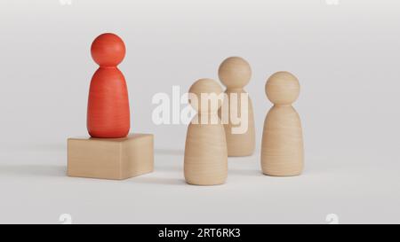 Eine Holzfigur, die mit einem Team steht, um Einfluss zu nehmen und zu ermächtigung. Konzept der Führung, erfolgreicher Wettbewerbssieger und Leader mit Einfluss und Stockfoto
