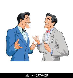 Gespräche mit Geschäftsleuten. Zwei Männer stehen zusammen und reden, diskutieren, verhandeln. Geschäftstreffen, Arbeitsprozess. Stock Vektor