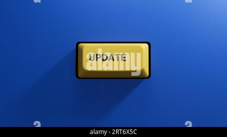Update.3D-Abbildung der Taste der Tastatur eines modernen Computers.Helle gelbe Taste.3D-Rendering auf blauem Hintergrund. Stockfoto