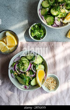 Von oben aus gesunde Gemüsesalate mit Bio-Gurke, roter Zwiebel, Koriander und gehackten Nüssen auf einem Betontisch Stockfoto