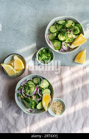 Von oben aus gesunde Gemüsesalate mit Bio-Gurke, roter Zwiebel, Koriander und gehackten Nüssen auf einem Betontisch Stockfoto