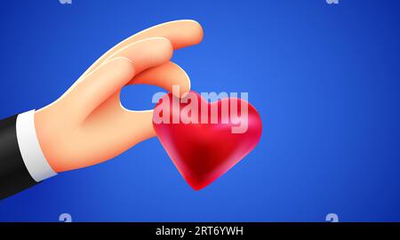 Cartoon 3D-Hand hält rotes Herz. Spenden- oder Social-Media-Follower-Konzept. Valentinstag. Vektorillustration Stock Vektor