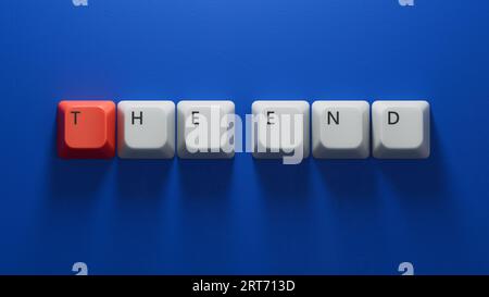 Die end.Computer Tastaturtasten Rechtschreibung.flache Ansicht von oben auf blauem Hintergrund mit Tasten auf der Computertastatur.IT-Technologiekonzept.3D rende Stockfoto