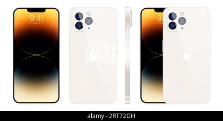 Neues iPhone 15 Pro, pro max. Weiße Farbe von Apple Inc iphone mit Mock-up-Bildschirm und iphone auf der Rückseite. Hohe Qualität. Offizielle Präsentation. Editorial. Stock Vektor