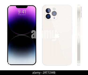 Neues iPhone 15 Pro, pro max. Weiße Farbe von Apple Inc iphone mit Mock-up-Bildschirm und iphone auf der Rückseite. Hohe Qualität. Offizielle Präsentation. Editorial. Stock Vektor