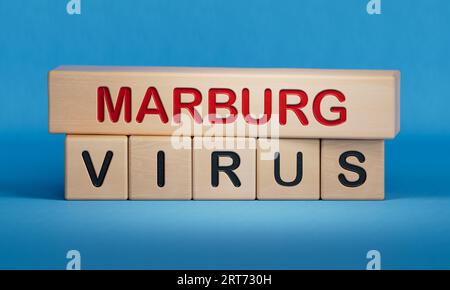 Marburg-Virus-Symbol. Weiße Notiz mit den Worten Marburg Virus, Copy space.3D Rendering auf blauem Hintergrund. Holzwürfelblöcke. Stockfoto