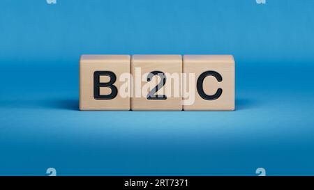 B2C – Akronym Business to Consumer in Wooden.3D-Rendering auf blauem Hintergrund. Stockfoto
