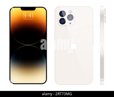 Neues iPhone 15 Pro, pro max. Weiße Farbe von Apple Inc iphone mit Mock-up-Bildschirm und iphone auf der Rückseite. Hohe Qualität. Offizielle Präsentation. Editorial. Stock Vektor