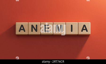 Anämie - Text auf Holzwürfeln.3D-Rendering auf rotem Hintergrund. Stockfoto