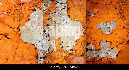 Sammlung von Bildern mit orangenem Putz, der von einer alten Wand abblättert. Alte, schmutzige, geschälte Putzwand mit herunterfallenden Farbflecken. Stockfoto